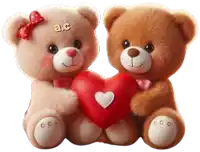 two teddy bears holding a red heart with the letters a.c on their heads