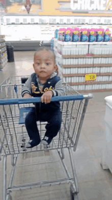 a baby is sitting in a shopping cart in a supermarket