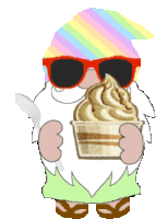 a cartoon gnome wearing sunglasses and a rainbow hat holds a cup of ice cream