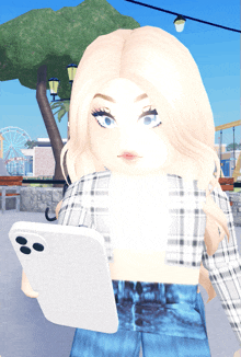 a girl in a plaid shirt is holding a white phone in her hand