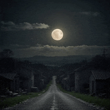 a full moon rises over a residential area