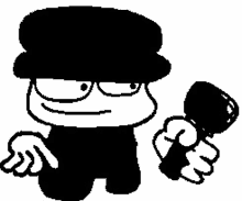 a black and white drawing of a cartoon character wearing a hat and holding a microphone .