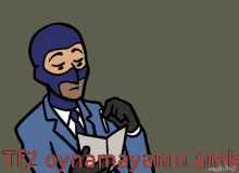 a cartoon of a man in a blue mask with the words " fuck you " above him