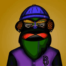 a monkey wearing a purple jacket with a letter b on it