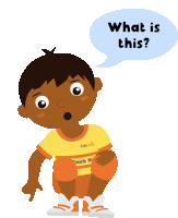 a cartoon boy with a speech bubble that says " what is this "