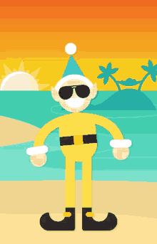 a cartoon character wearing a santa hat and sunglasses stands on a beach