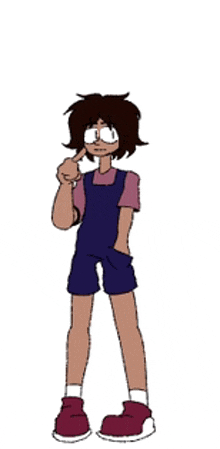 a cartoon of a person wearing overalls and a pink shirt