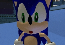 a close up of a sonic the hedgehog 's face with a surprised look on his face