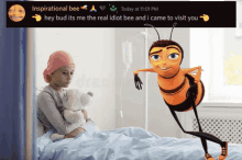 a bee is standing next to a girl in a hospital bed with a teddy bear