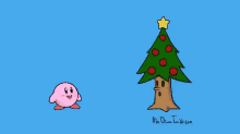 a cartoon of kirby standing next to a christmas tree with apples on it .