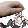 a pixel art of a man sitting on the ground with a hand holding him .