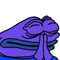 a cartoon of a purple frog with its eyes closed and covering its mouth with its hands