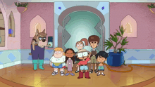 a group of cartoon characters standing in front of a doorway