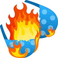 a cartoon drawing of a fire and a blue object with bubbles