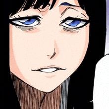 a close up of a bleach character 's face with blue eyes and black hair .