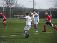 a group of soccer players are playing on a field and one player has the number 14 on his jersey