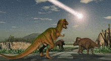 an artist 's impression of a t-rex and triceratops watching a comet