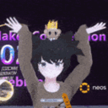 a girl with a skull on her head holds her arms up in the air