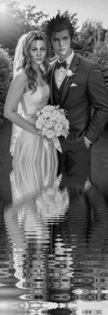 a black and white photo of a bride and groom in a wedding dress and tuxedo standing in the water .