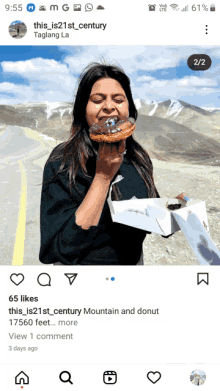 a picture of a woman eating a donut with taglang la written on it