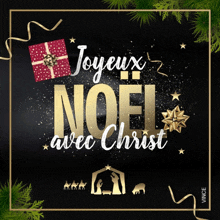 a black and gold christmas greeting card with the words joyeux noel avec christ