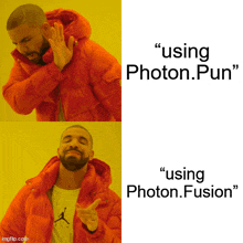 a man in an orange jacket says " using photon.pun " next to another man