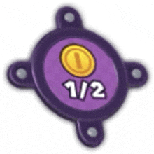 a purple circle with a yellow coin inside of it and the number 1/2 written on it .