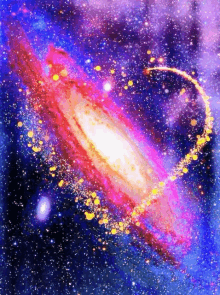 a painting of a colorful galaxy with a heart shaped galaxy in the middle .