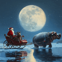 a hippopotamus pulls a sleigh with santa on it in front of a full moon