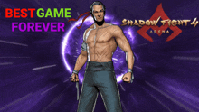 a poster for shadow fight arena shows a man without a shirt on