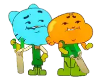 gumball and darwin from the amazing world of gumball standing next to each other
