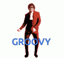 a pixelated image of a man dancing with the word groovy behind him