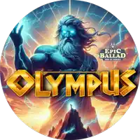 an advertisement for epic ballad olympus shows a statue of zeus