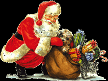 a painting of santa claus kneeling down with a dog and a cat