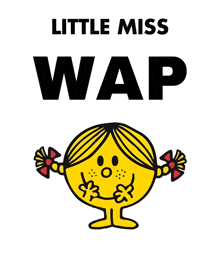 little miss wap is a yellow cartoon character with red bows