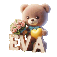 a teddy bear holding a heart and a bouquet of roses next to the name eva