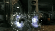 a statue of a face is surrounded by a purple glow