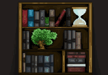 a pixel art shelf with books and a tree