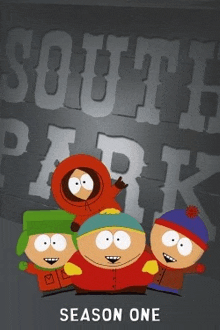 a poster for south park season one shows a group of cartoon characters standing next to each other