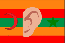 an ear with a red crescent moon and green star