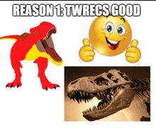 a picture of a dinosaur a smiley face and a picture of a skeleton