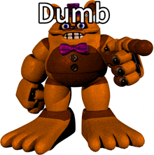 a stuffed animal with a purple bow tie and the word dumb on it