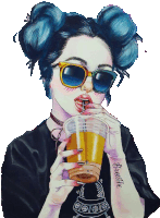 a drawing of a girl with blue hair drinking from a cup with the word breathe on her arm