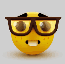 a cartoon smiley face wearing glasses and a surprised look on his face