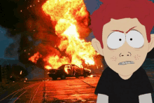 a cartoon character with red hair stands in front of a burning car