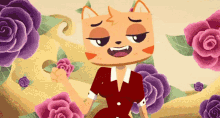 a cartoon cat is surrounded by purple roses and leaves