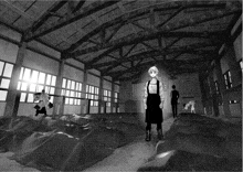 a black and white drawing of a woman standing in an empty building