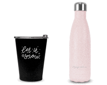 a cup that says let it snow next to a pink bottle