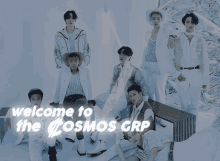 a group of young men are sitting on a bench with the words welcome to the cosmos crp