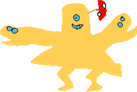 a drawing of a yellow monster holding a red mask